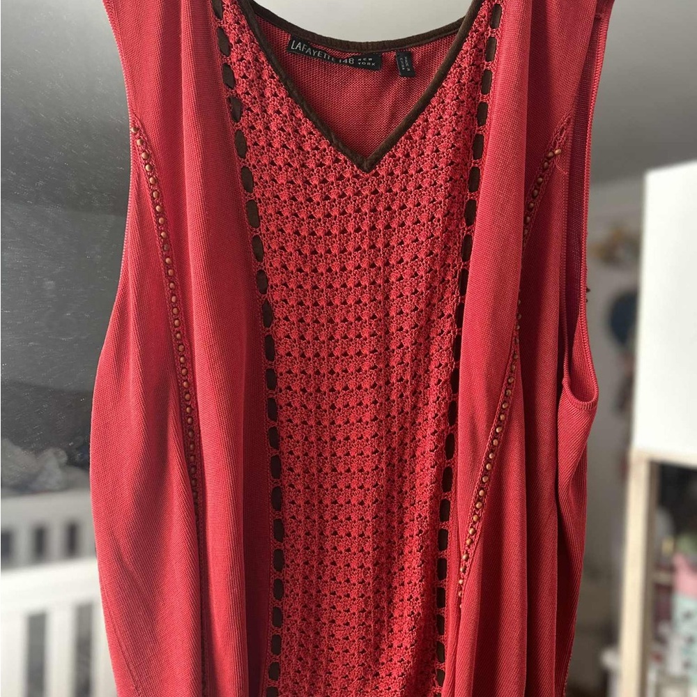 Lafayette 148 Vintage New York Brick Red Crochet Beaded Blouse